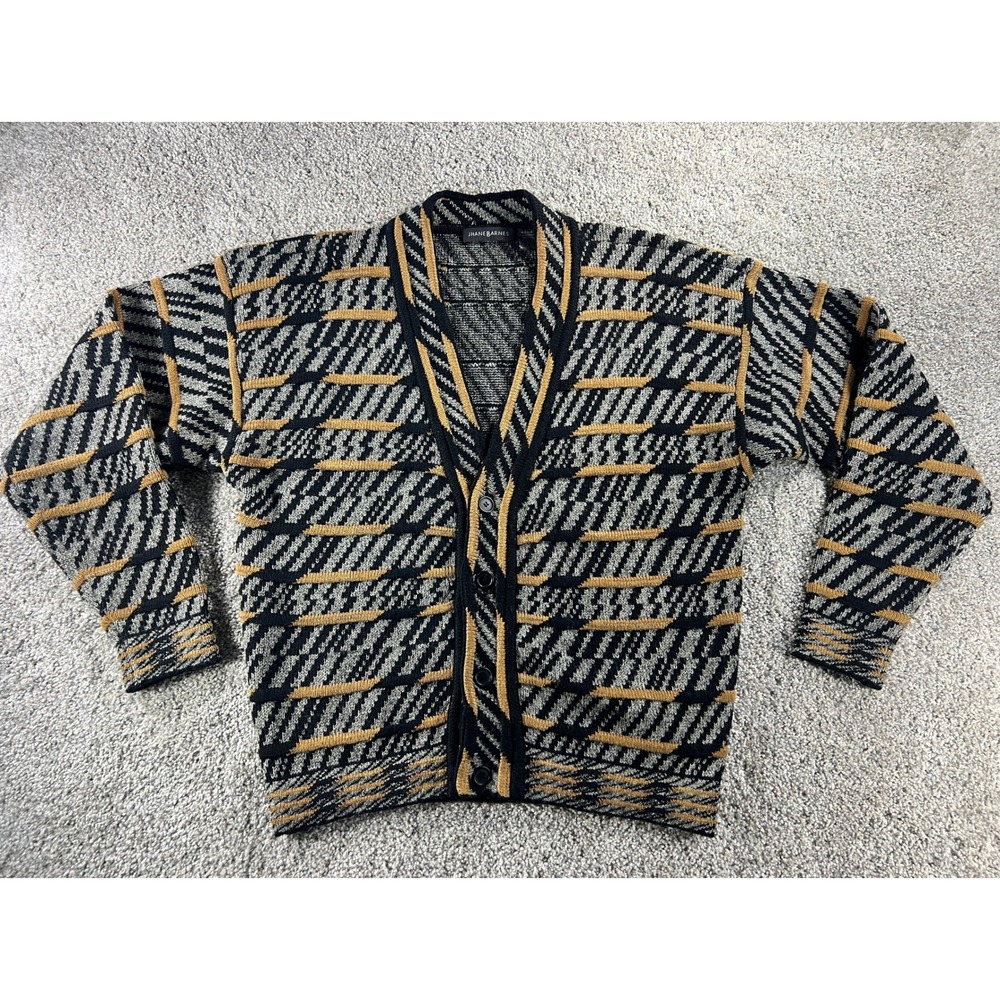 Vintage Jhane Barnes Mens Geometric Pattern Wool Blend Cardigan Sweater Medium